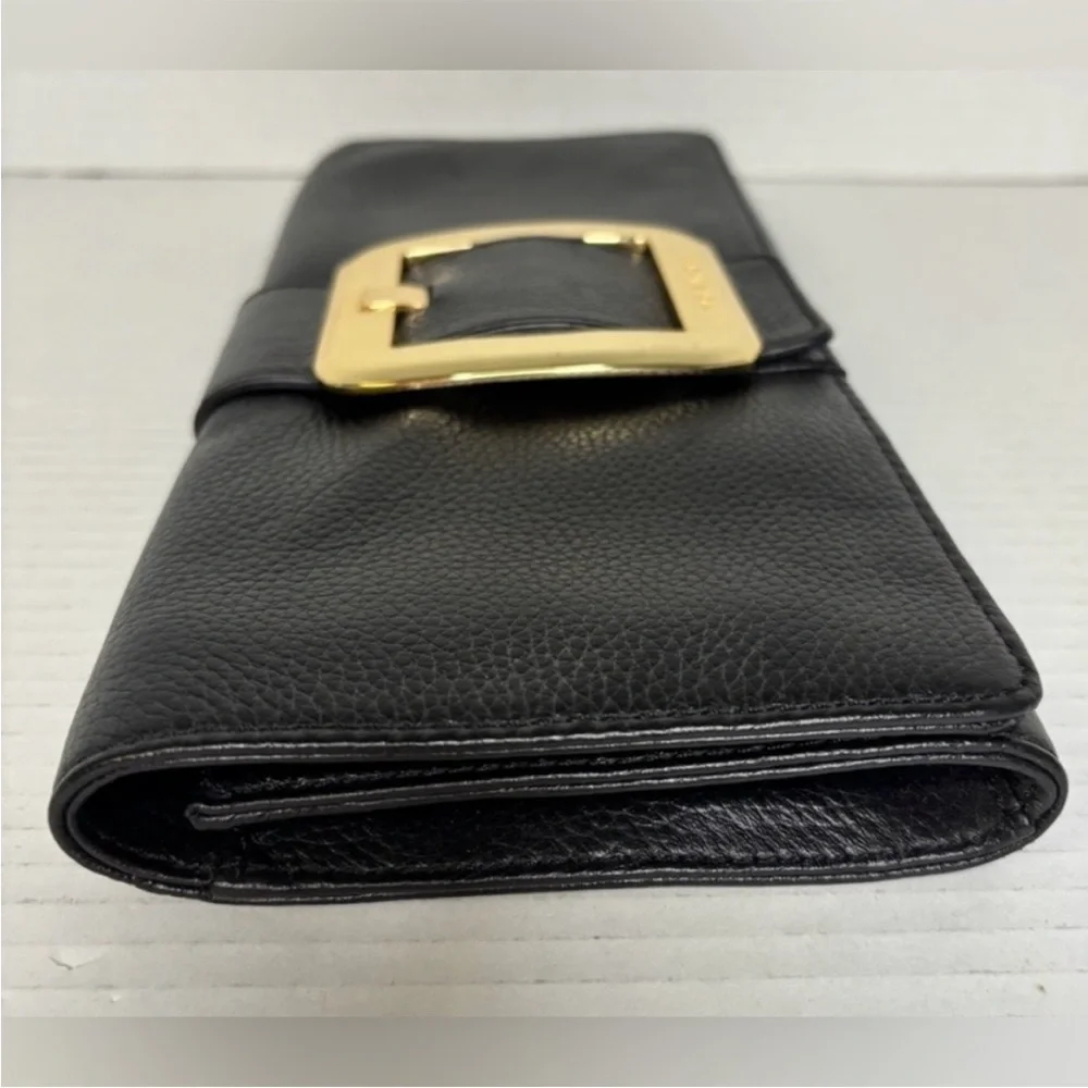 Michael Kors Black Pebbled Leather Large Continental Wallet Gold Buckle Clutch_8